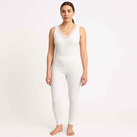 2pcs Set Womens Cotton Thermal Singlet Top & Pants Underwear Thermals in White
