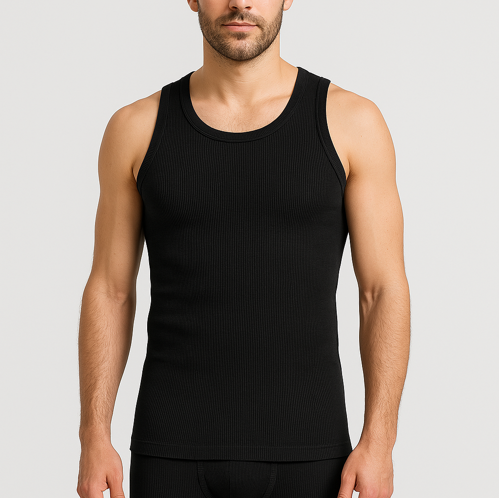 Mens Thermal Cotton Singlet Top Sleeveless Warm Underwear Base Layer in Black-1