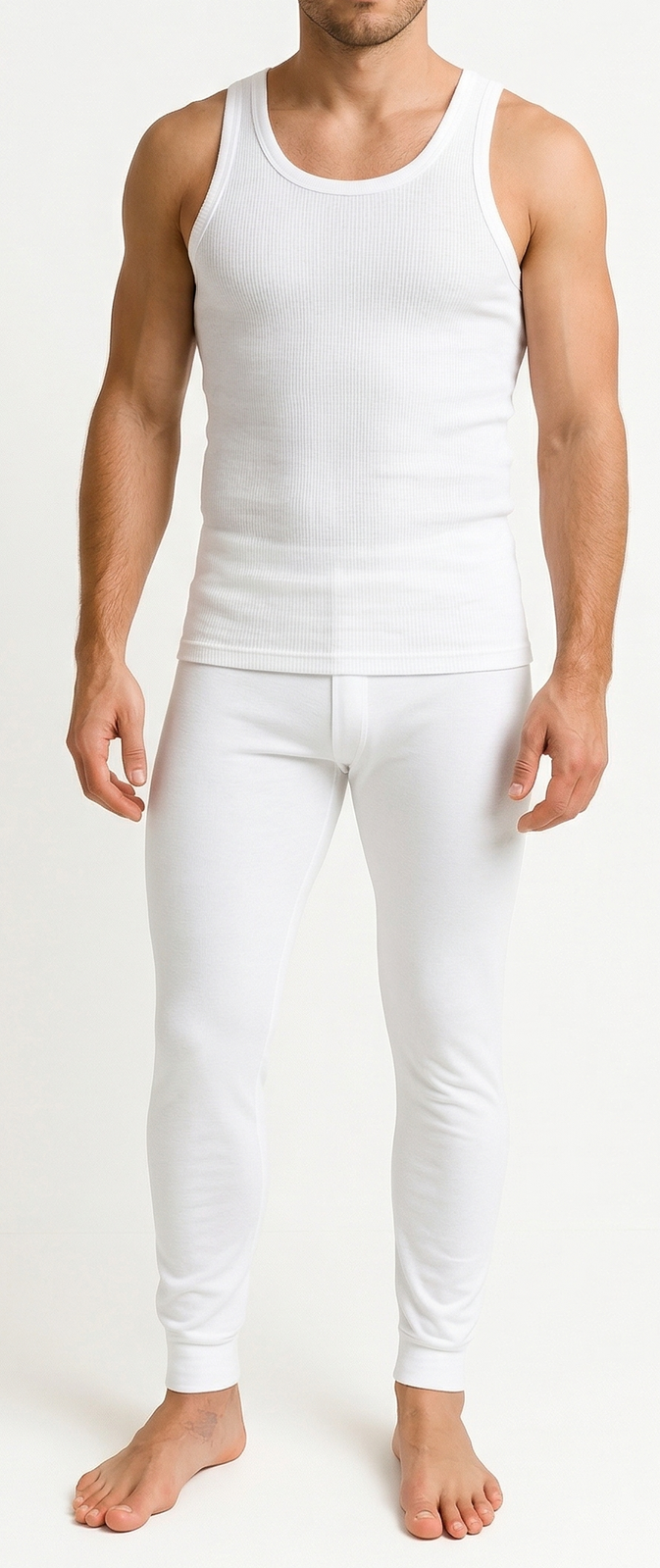 2pcs Set Mens Cotton Thermal Singlet Top & Pants Underwear Thermals in White