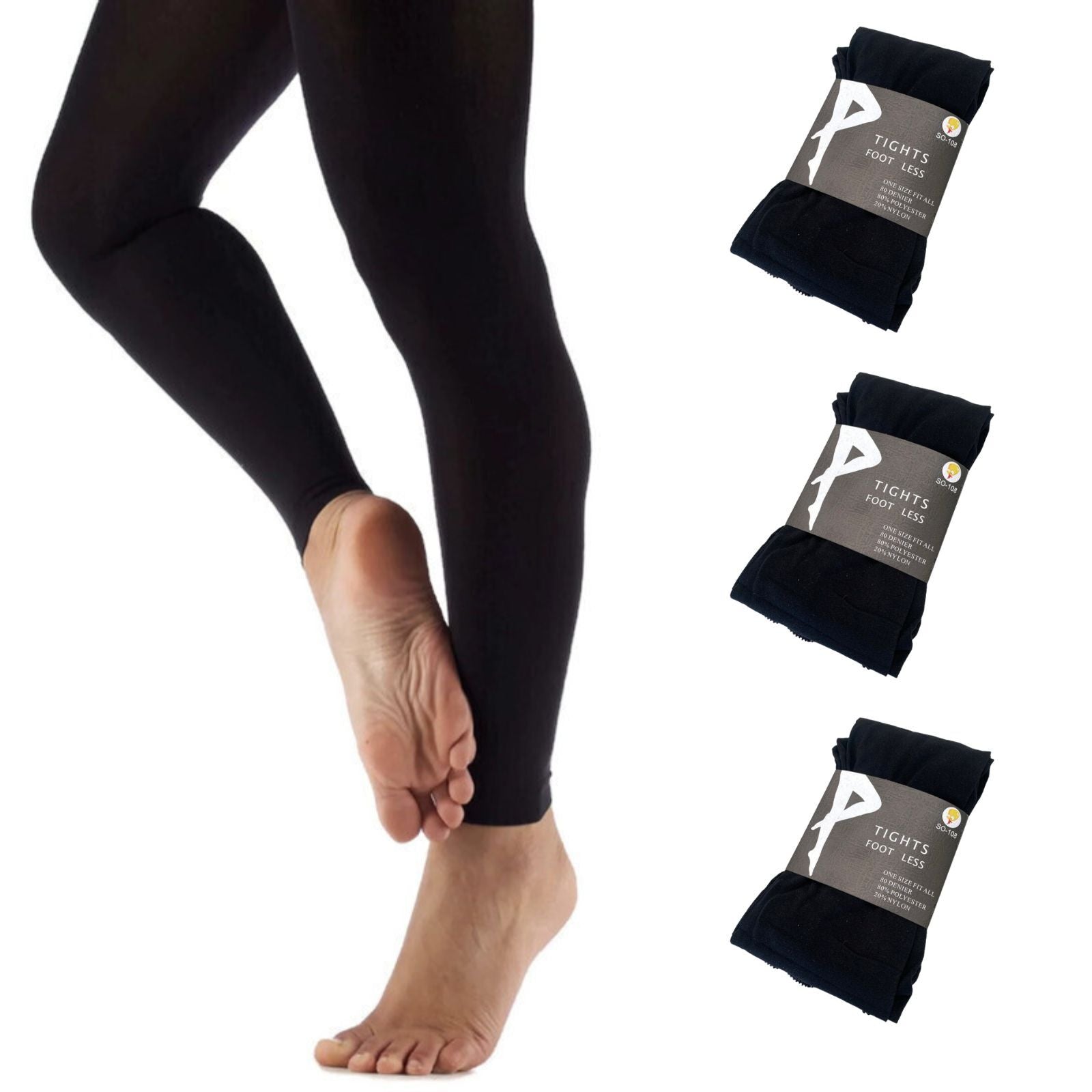 3x Womens Ladies Footless Lace Hem Tights Stockings Pantyhose Leg Hosiery Thermal - Black-0