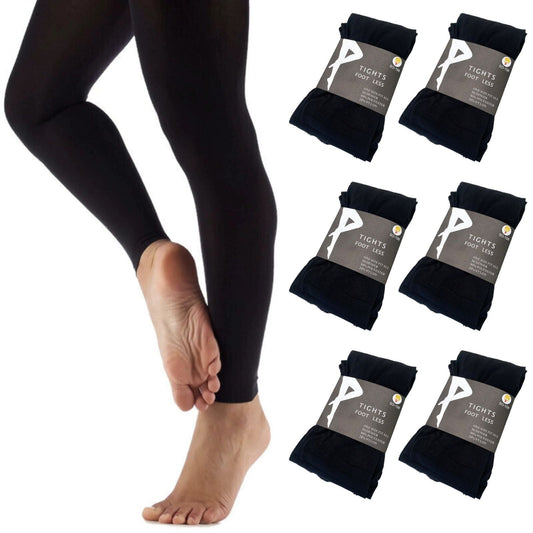 6x Womens Ladies Footless Lace Hem Tights Stockings Pantyhose Leg Hosiery Thermal - Black-0