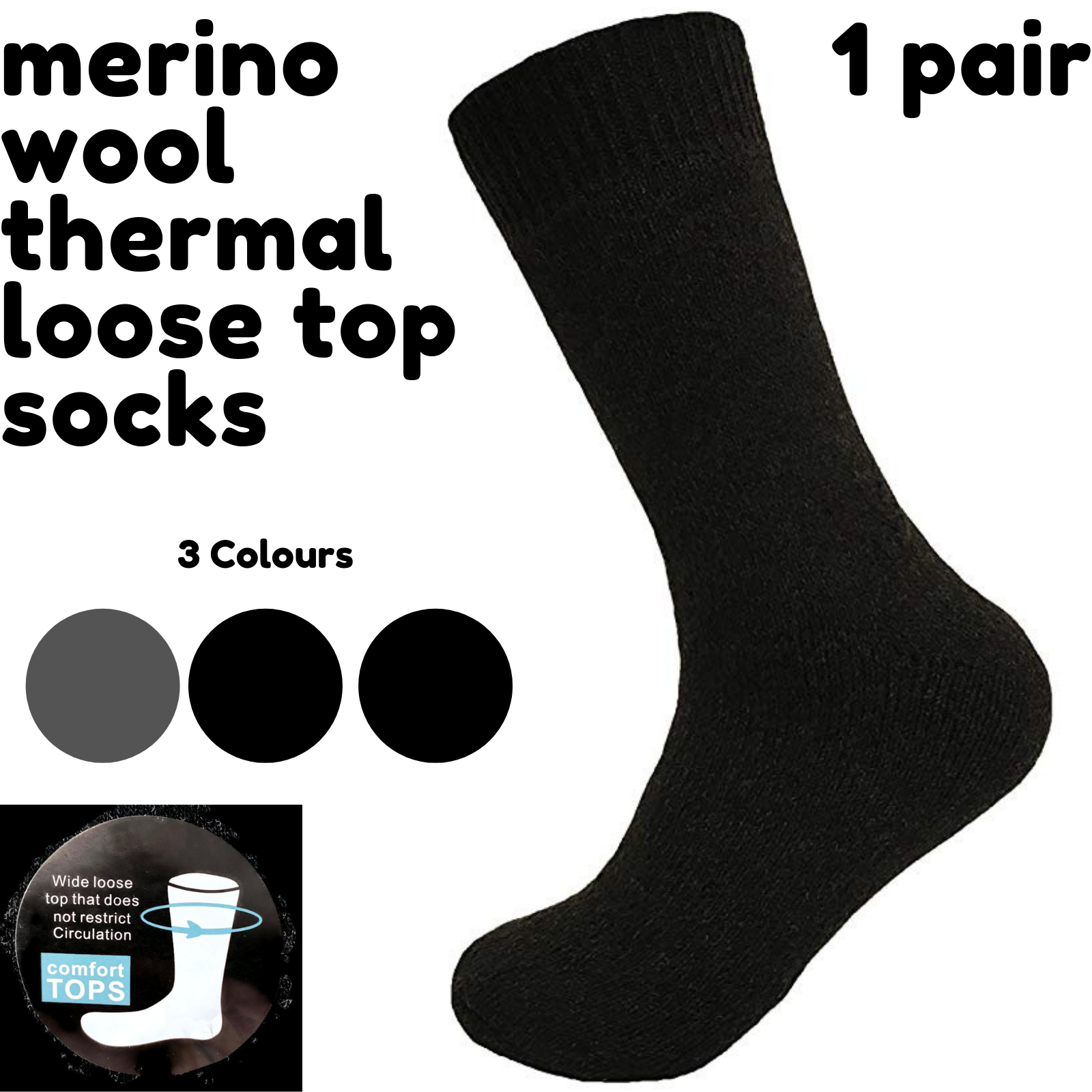 Merino Wool Mens Loose Top Thermal Socks Diabetic Comfort Circulation - 1 Pair-9