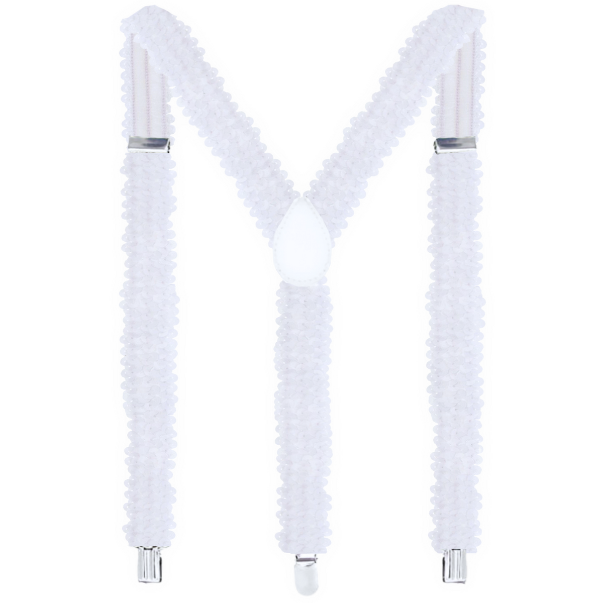 SEQUIN SUSPENDERS Unisex Adjustable Braces Clip On Elastic Y-Back  - White