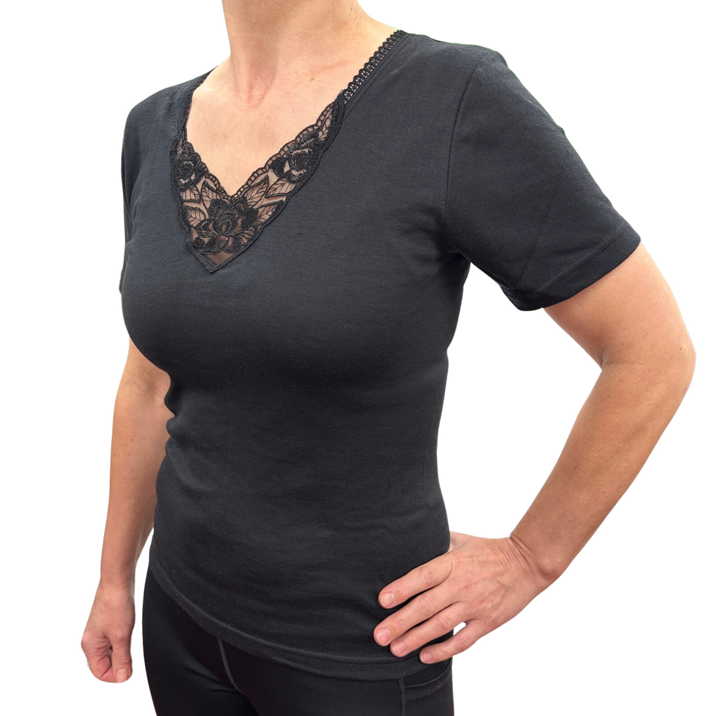 Thermo Fleece® Ladies Short Sleeve Thermal Top T Shirt w/Lace Motif - Black-0