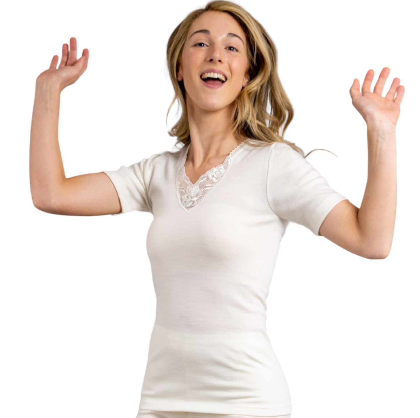 Thermo Fleece® Ladies Short Sleeve Thermal Top T Shirt w/Lace Motif - White-3