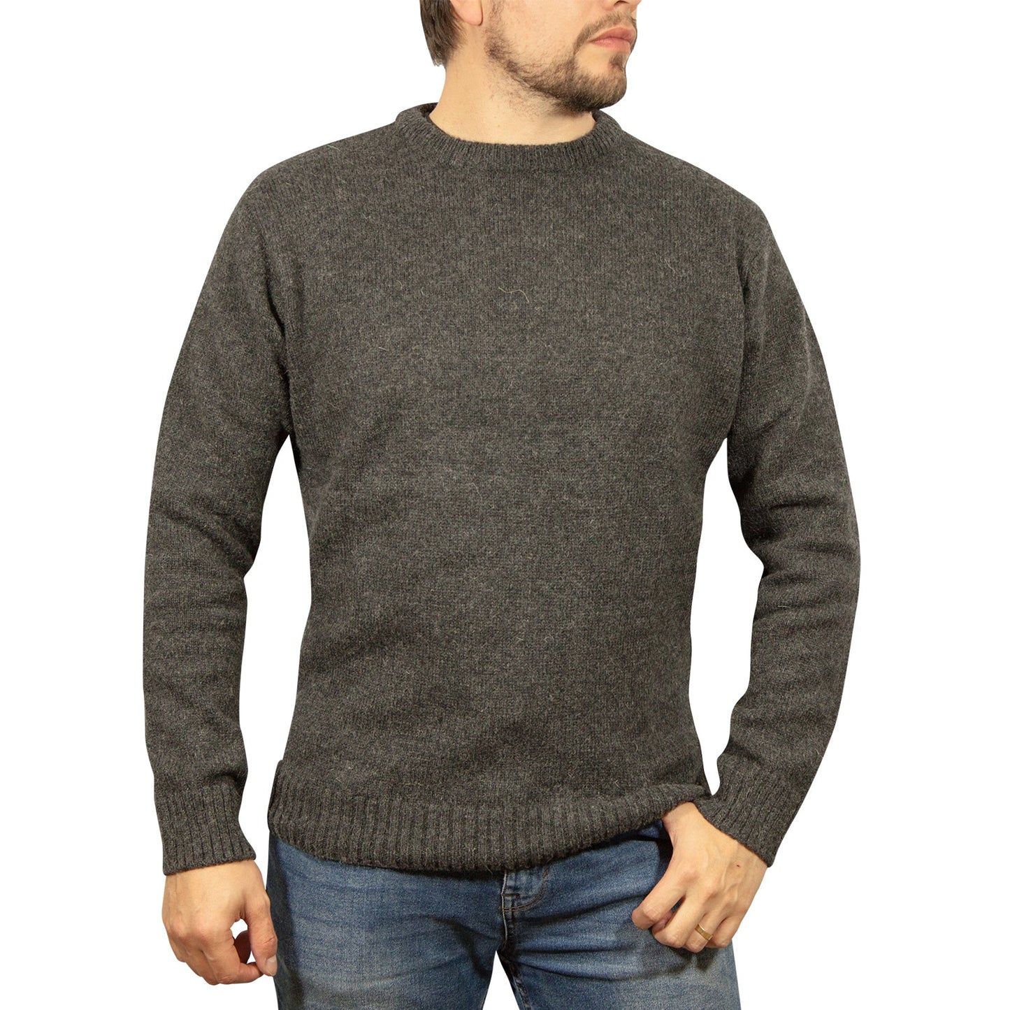 Mens 100% Shetland Ragg Wool Round Neck Knit Jumper Pullover Crew Sweater - Charcoal (29)-1