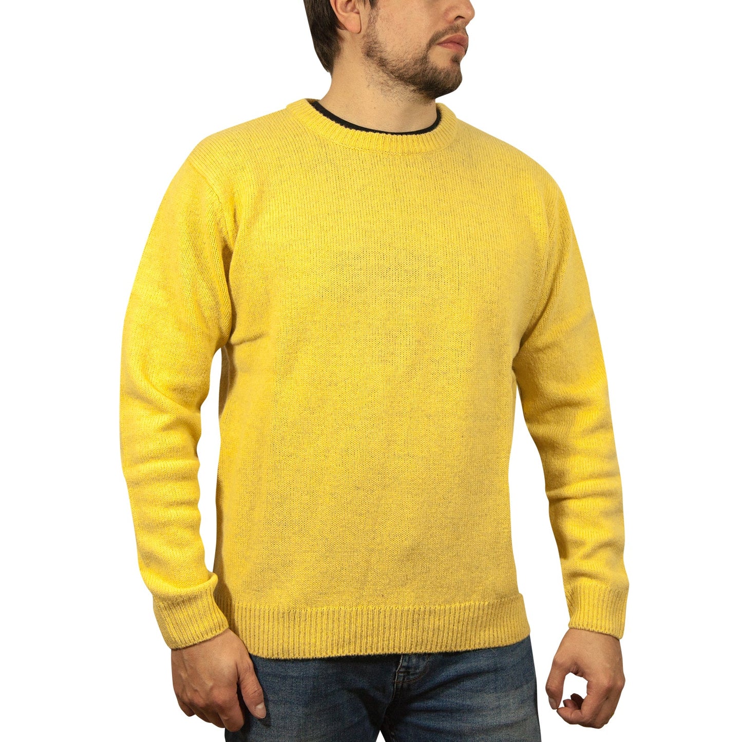 100% SHETLAND RAGG WOOL CREW Round Neck Knit JUMPER Pullover Mens Sweater Knitted - Corn (14)-0