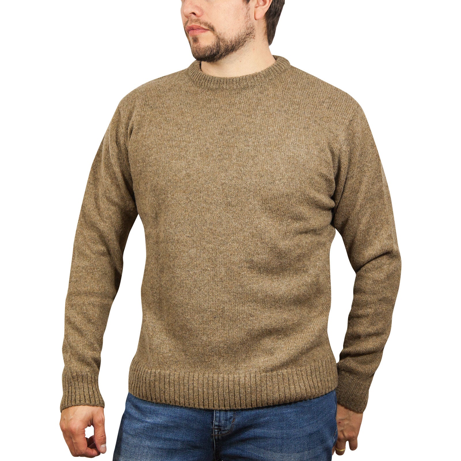 100% SHETLAND RAGG WOOL CREW Round Neck Knit JUMPER Pullover Mens Sweater Knitted - Nutmeg-0