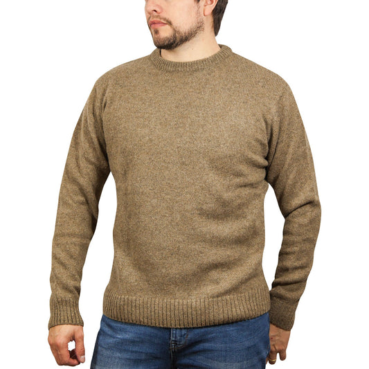 100% SHETLAND RAGG WOOL CREW Round Neck Knit JUMPER Pullover Mens Sweater Knitted - Nutmeg-0