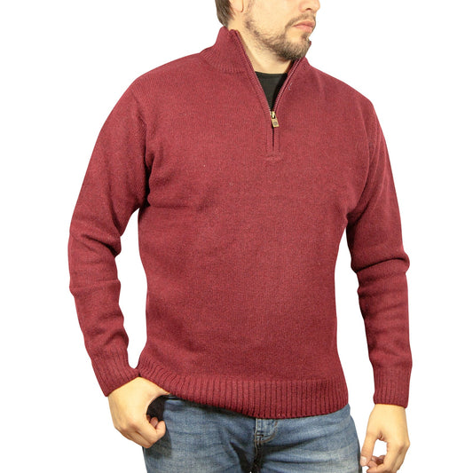 100% SHETLAND RAGG WOOL Half Zip Up Knit JUMPER Pullover Mens Sweater Knitted - Burgundy-0