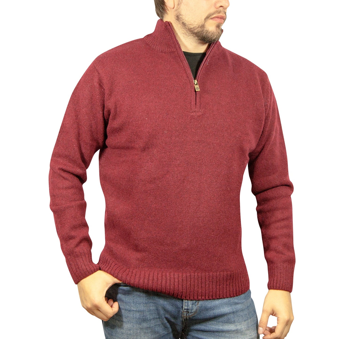 100% SHETLAND RAGG WOOL Half Zip Up Knit JUMPER Pullover Mens Sweater Knitted - Burgundy-1