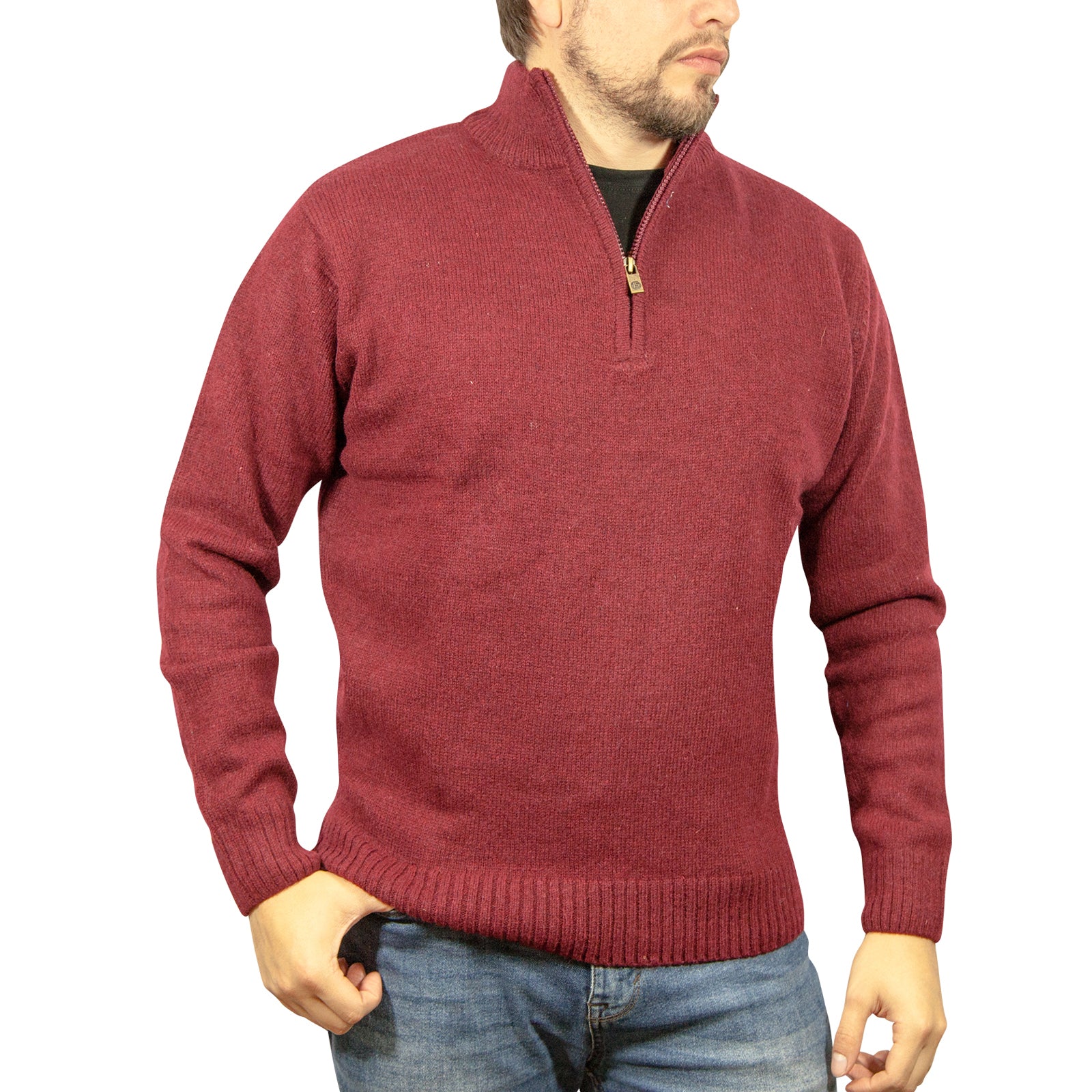 100% SHETLAND RAGG WOOL Half Zip Up Knit JUMPER Pullover Mens Sweater Knitted - Burgundy-1