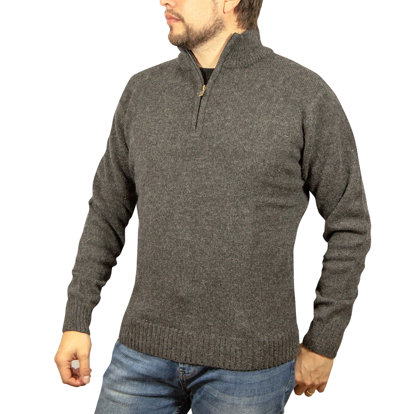 100% SHETLAND RAGG WOOL Half Zip Up Knit JUMPER Pullover Mens Sweater Knitted - Charcoal-1