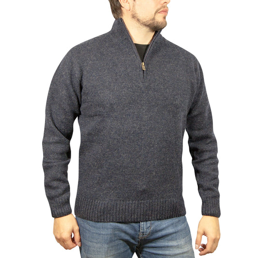 100% SHETLAND RAGG WOOL Half Zip Up Knit JUMPER Pullover Mens Sweater Knitted - Denim Blue-0