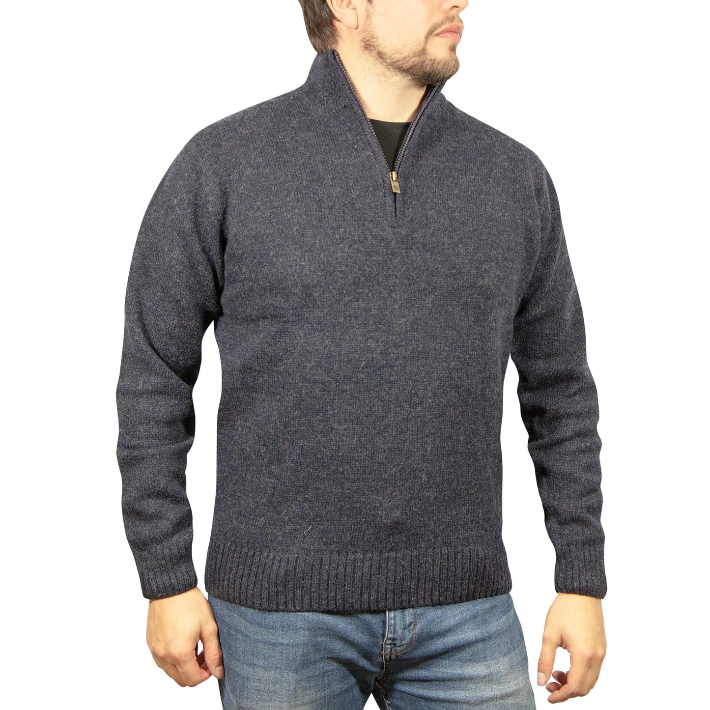 100% SHETLAND RAGG WOOL Half Zip Up Knit JUMPER Pullover Mens Sweater Knitted - Denim Blue-1