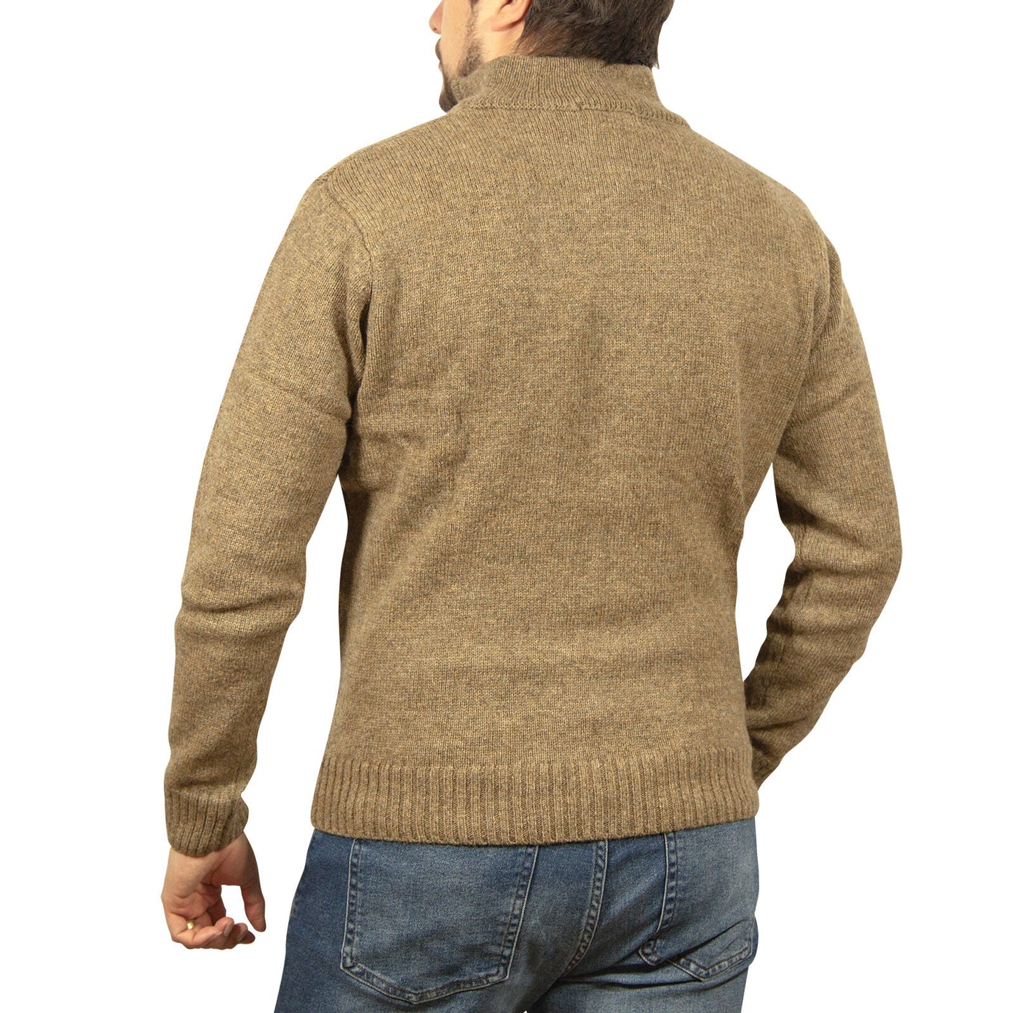 100% SHETLAND RAGG WOOL Half Zip Up Knit JUMPER Pullover Mens Sweater Knitted - Nutmeg-3
