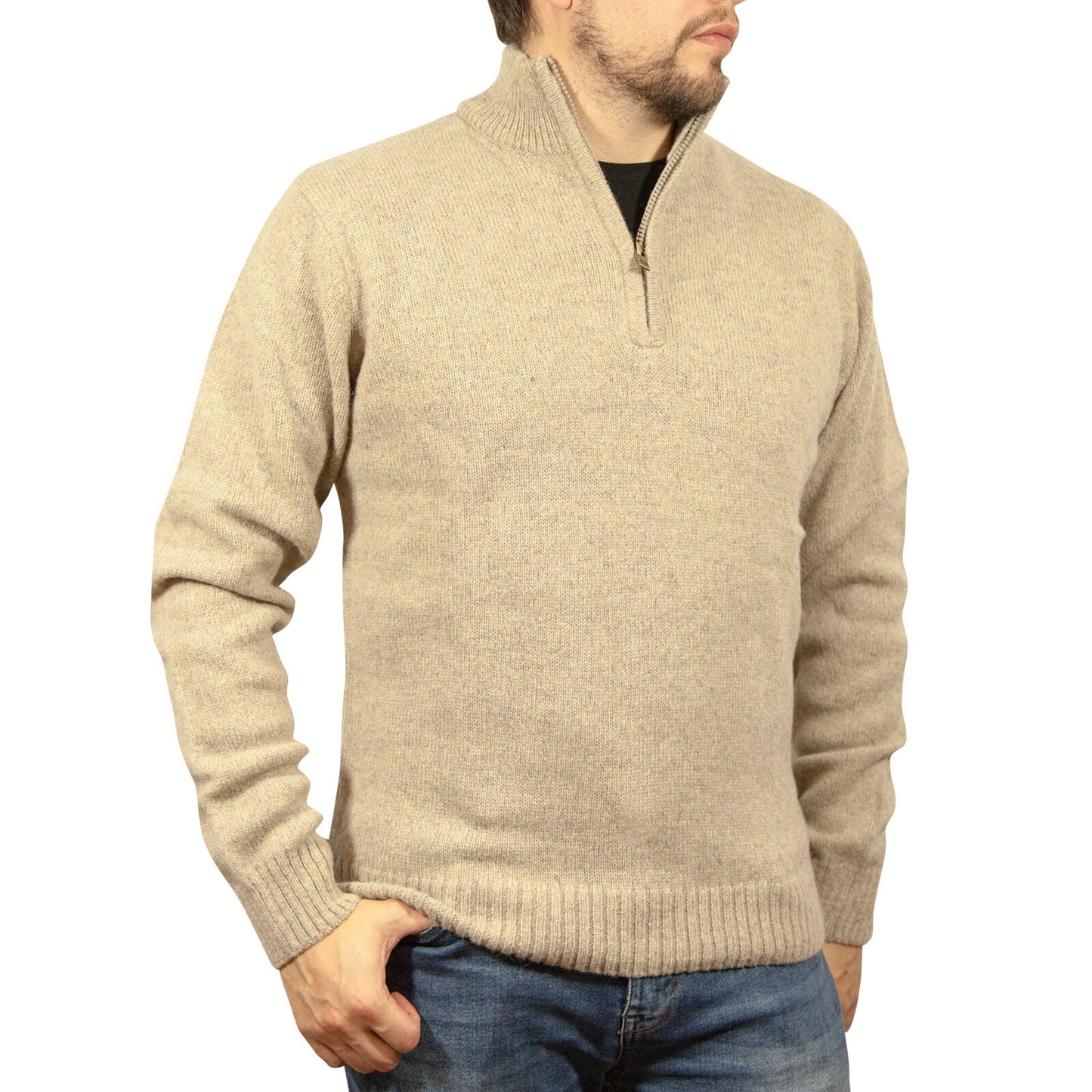 100% SHETLAND RAGG WOOL Half Zip Up Knit JUMPER Pullover Mens Sweater Knitted - Oat Marle-1