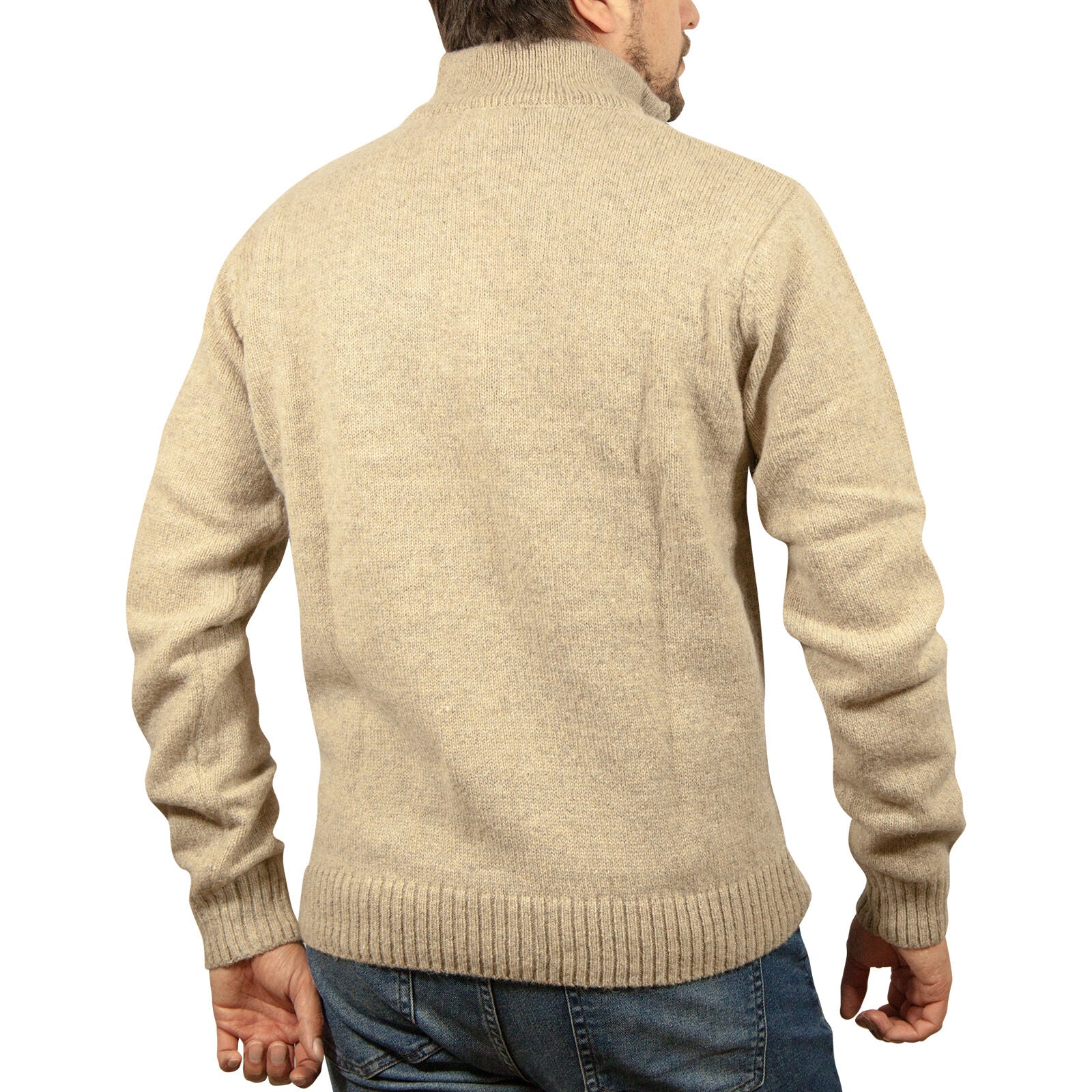 100% SHETLAND RAGG WOOL Half Zip Up Knit JUMPER Pullover Mens Sweater Knitted - Oat Marle-3
