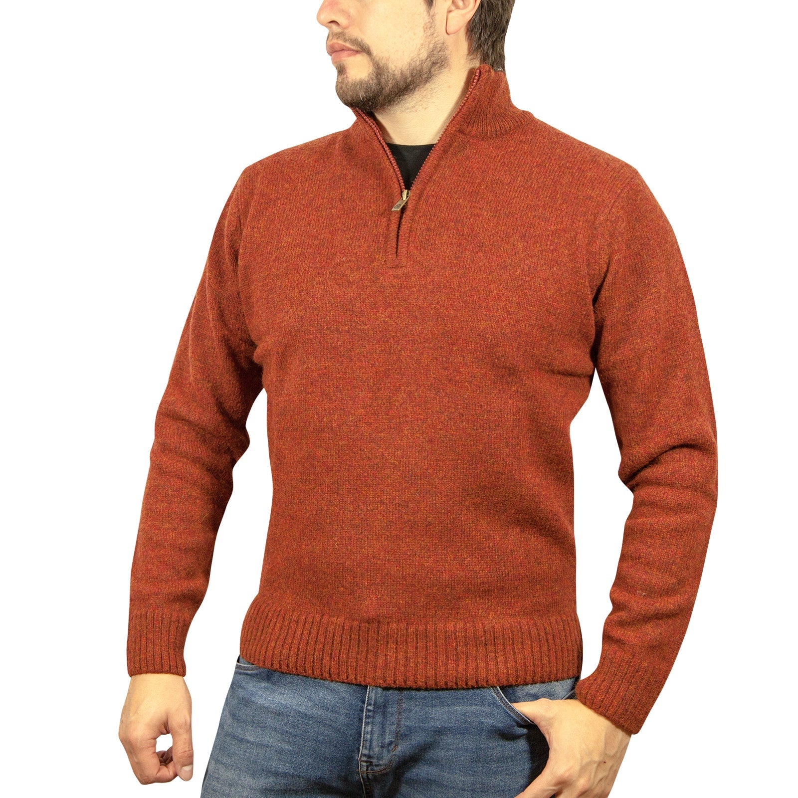 100% SHETLAND RAGG WOOL Zip Up Knit JUMPER Pullover Mens Sweater Knitted - Rust 5XL-1