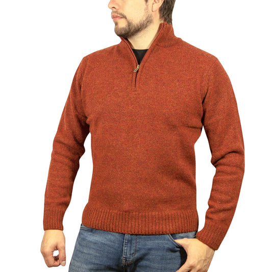 100% SHETLAND RAGG WOOL Zip Up Knit JUMPER Pullover Mens Sweater Knitted - Rust 5XL-0