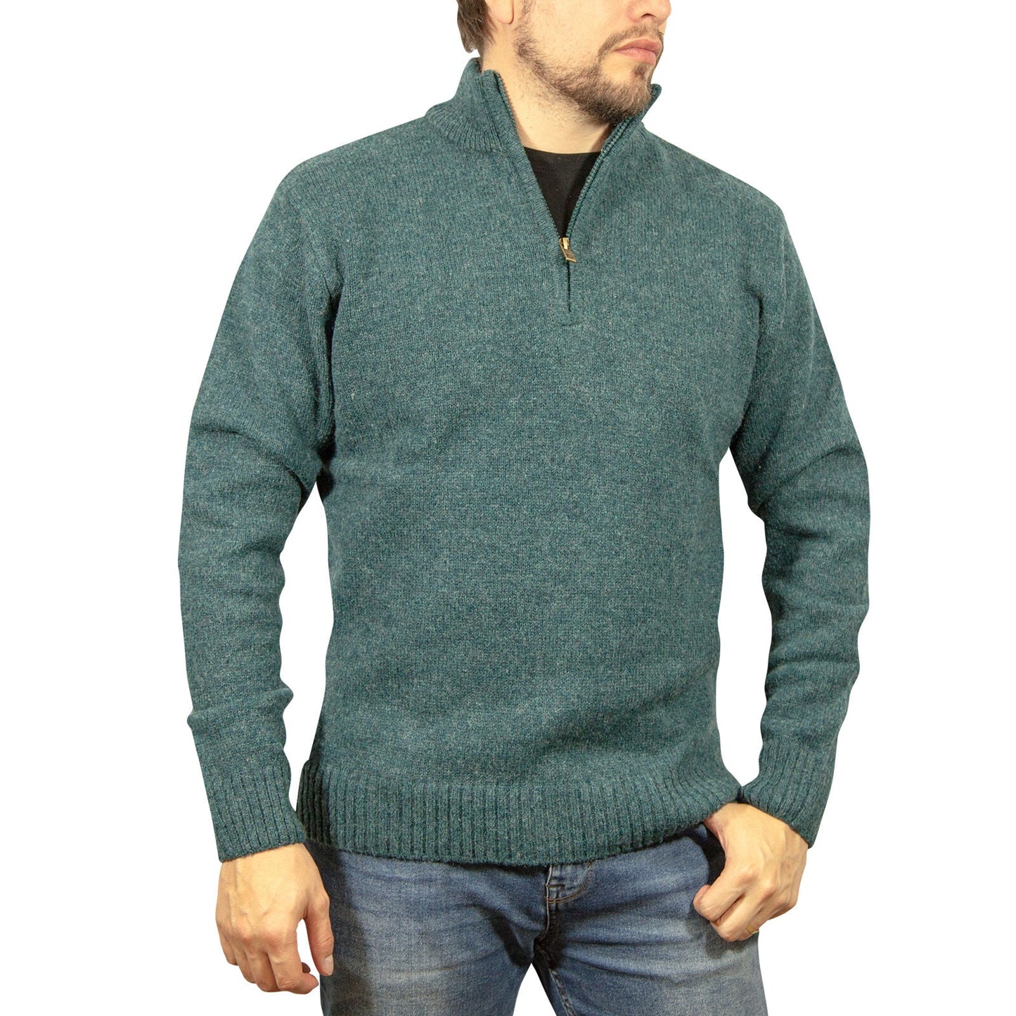 100% SHETLAND RAGG WOOL Half Zip Up Knit JUMPER Pullover Mens Sweater Knitted - Sherwood-0