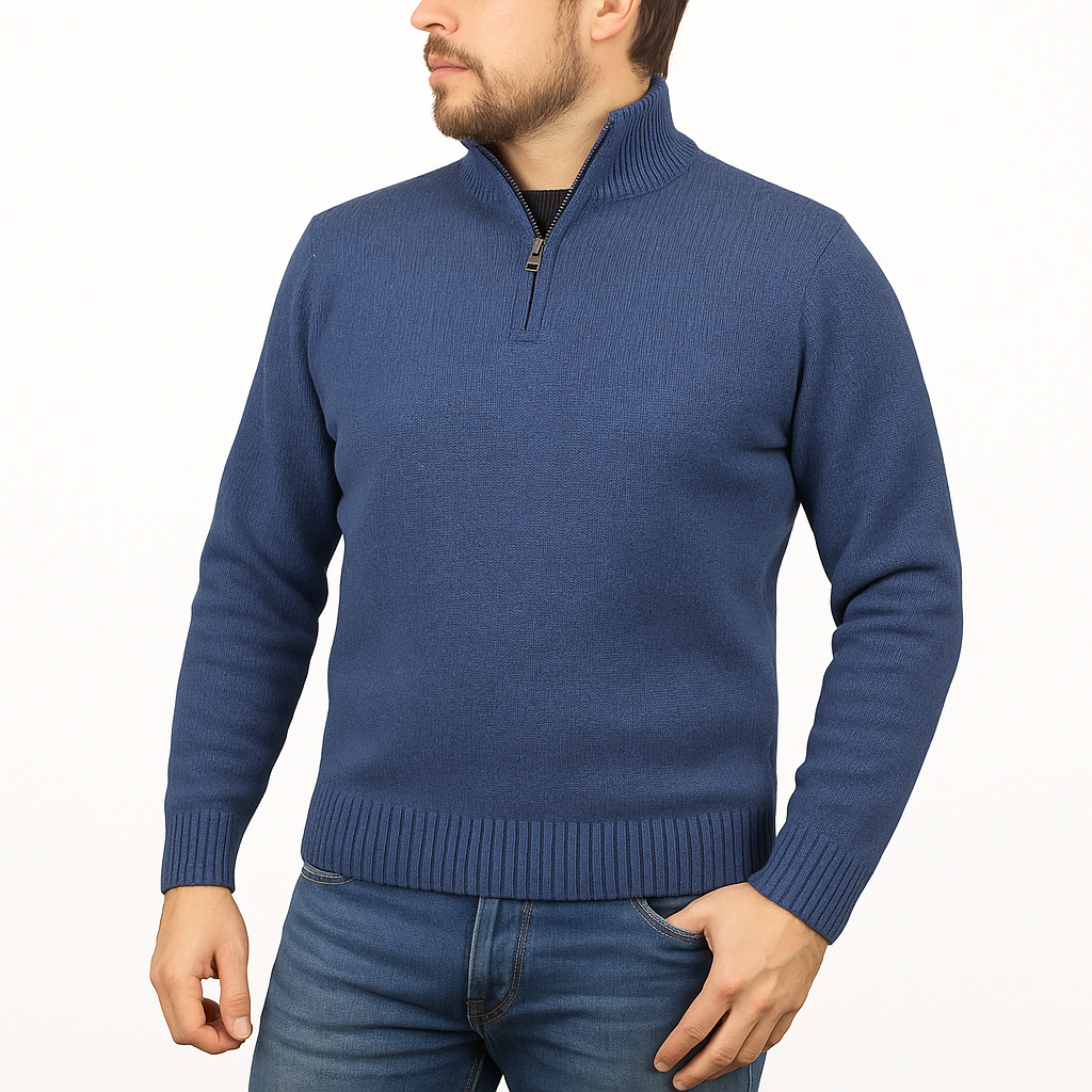 100% SHETLAND RAGG WOOL Half Zip Up Knit JUMPER Pullover Mens Sweater Knitted - Sky (40)-1