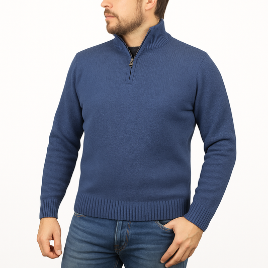 100% SHETLAND RAGG WOOL Half Zip Up Knit JUMPER Pullover Mens Sweater Knitted - Sky (40)-0