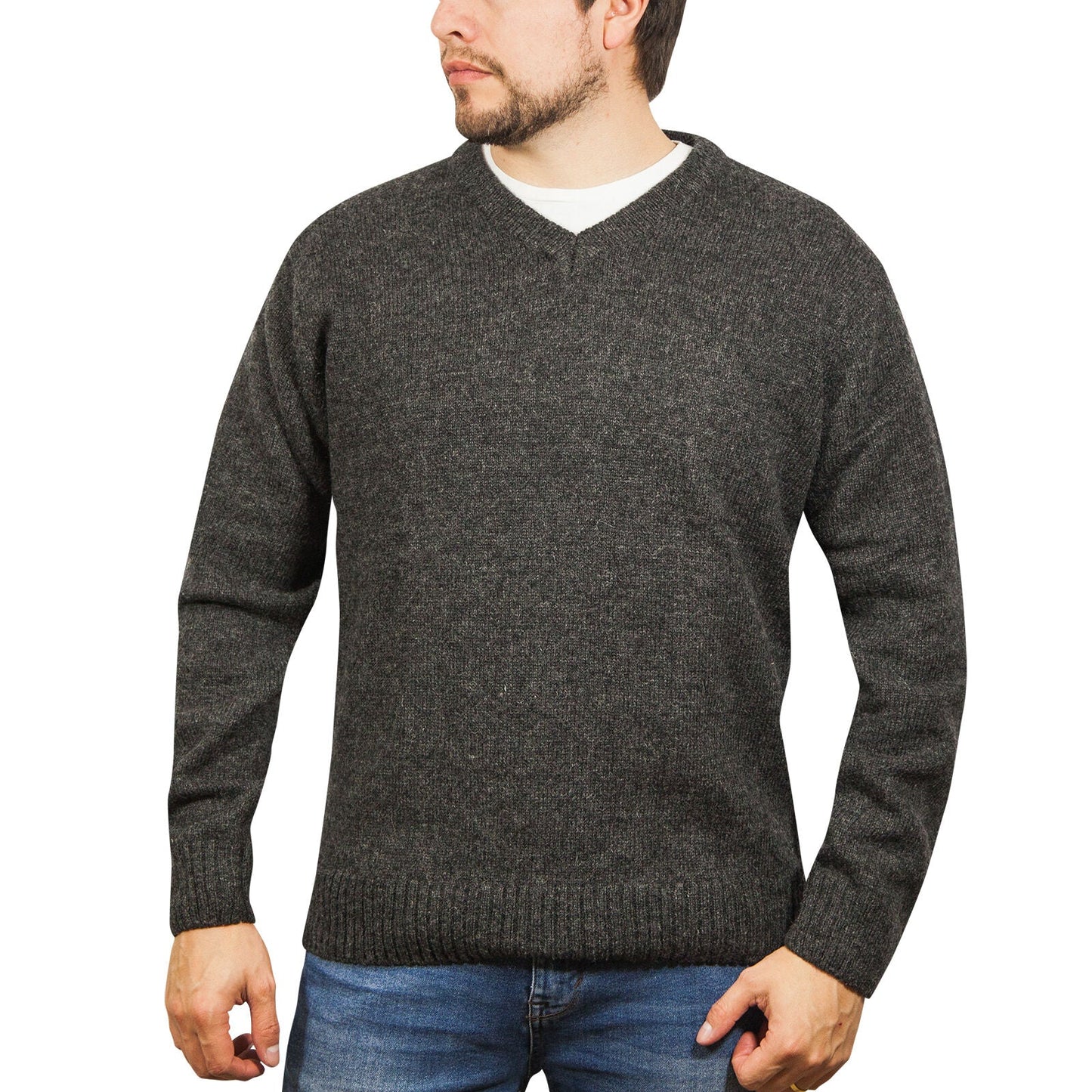 100% Shetland Ragg Wool V-Neck Jumper - Charcoal (Mens Knitted Sweater/Pullover)-6