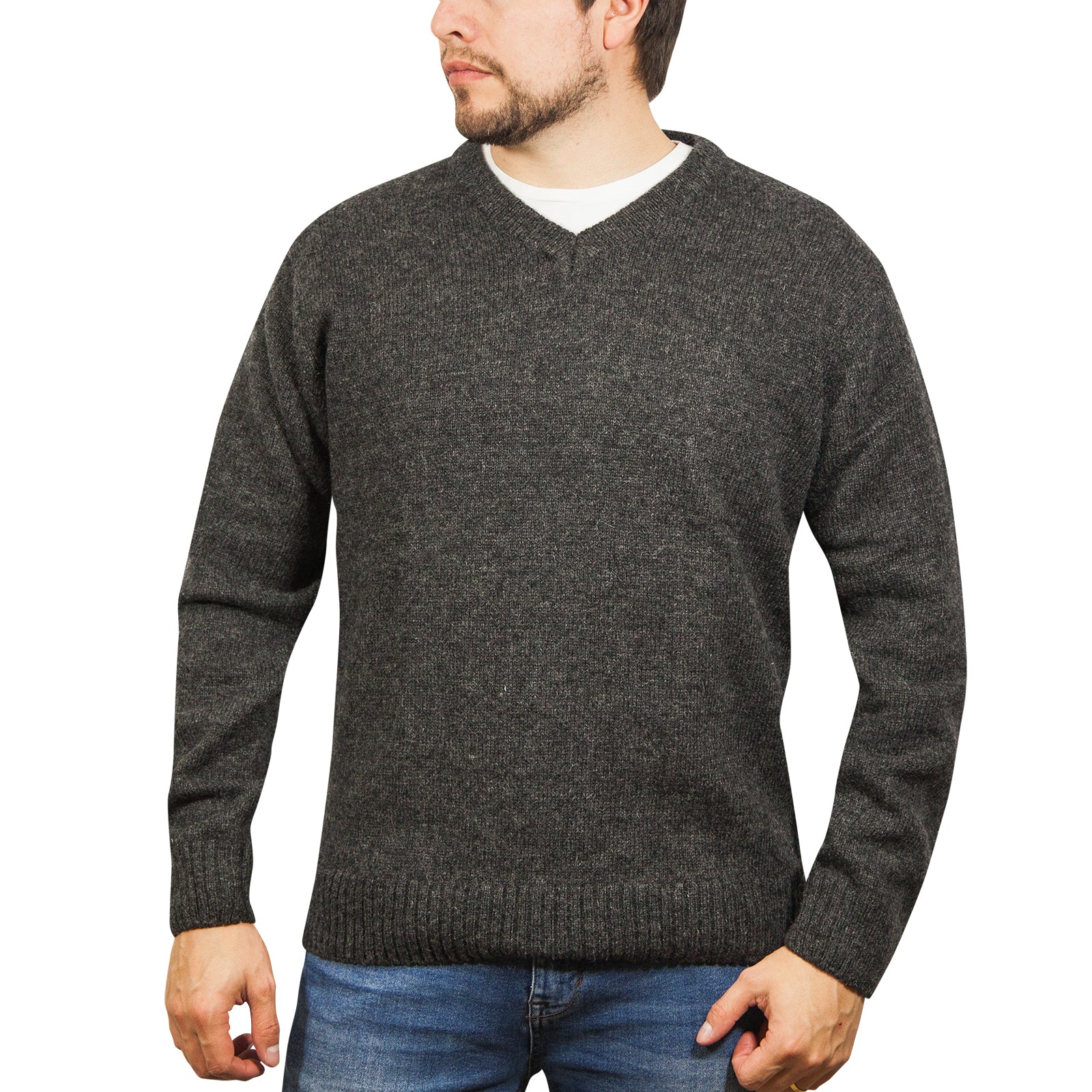 100% Shetland Ragg Wool V Neck Knit Jumper Pullover Mens Sweater Knitted - Charcoal-1