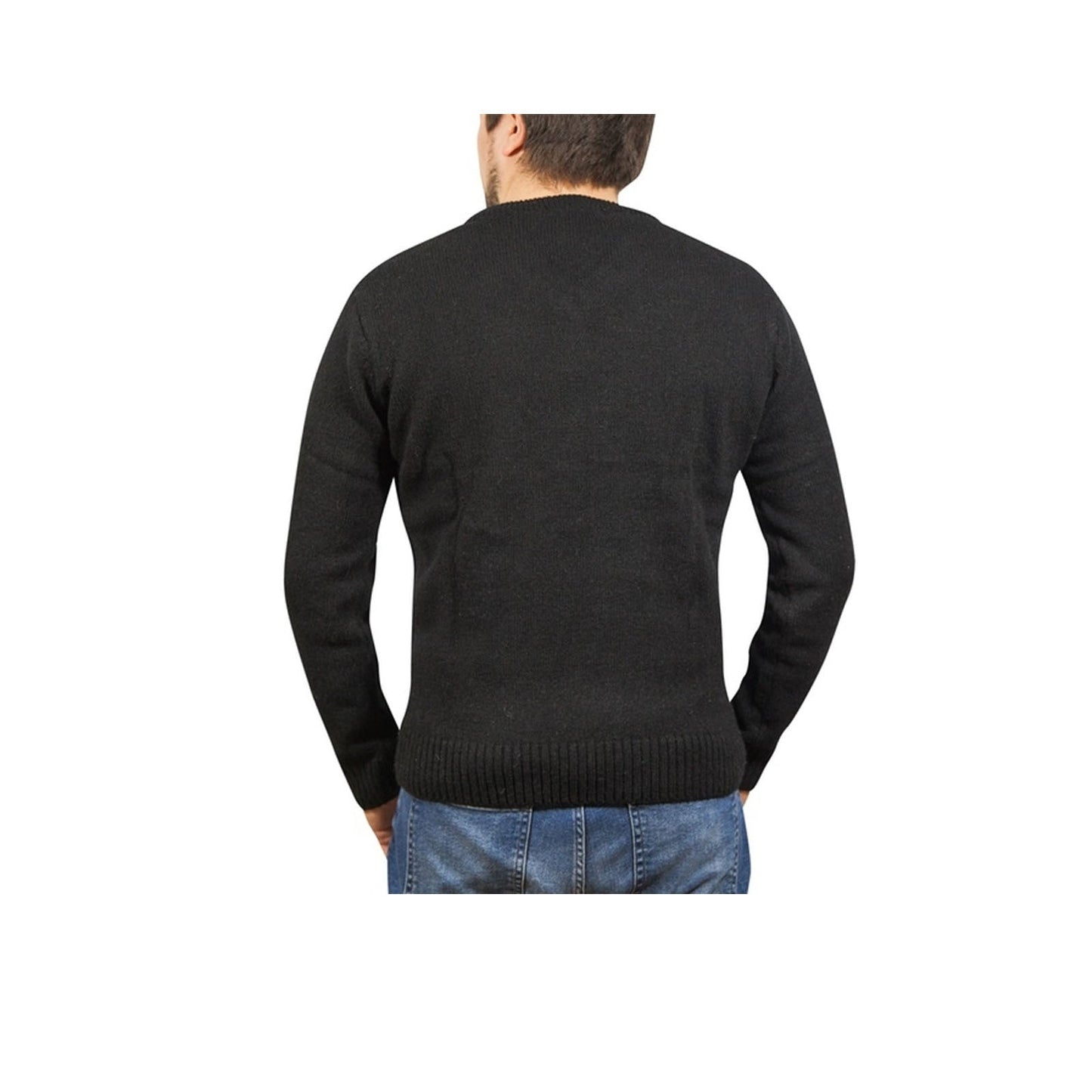 100% Shetland Ragg Wool V Neck Knit Jumper Pullover Mens Sweater Knitted - Plain Black-3