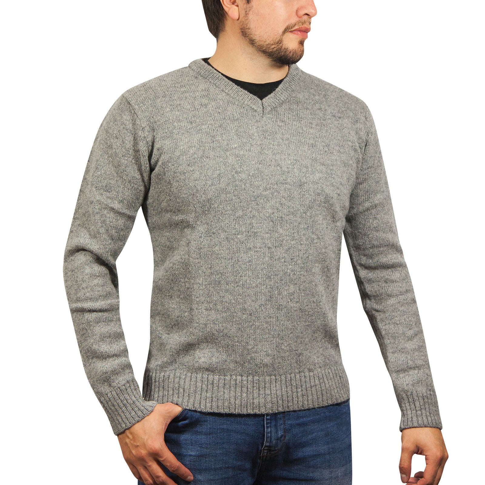 100% Shetland Ragg Wool V Neck Knit Jumper Pullover Mens Sweater Knitted - Grey-5