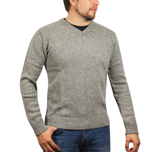 100% Shetland Ragg Wool V Neck Knit Jumper Pullover Mens Sweater Knitted - Grey-0