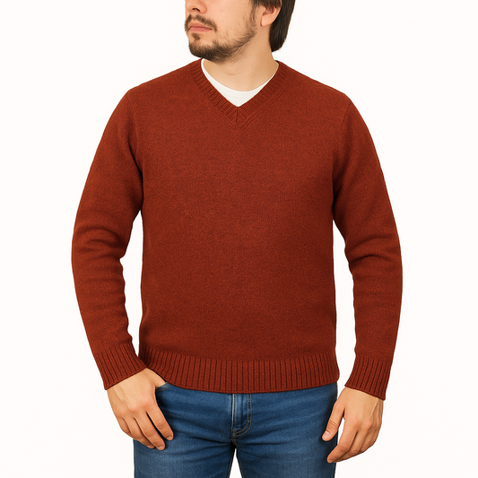 100% Shetland Ragg Wool V Neck Knit Jumper Pullover Mens Sweater Knitted - Rust Size M-0