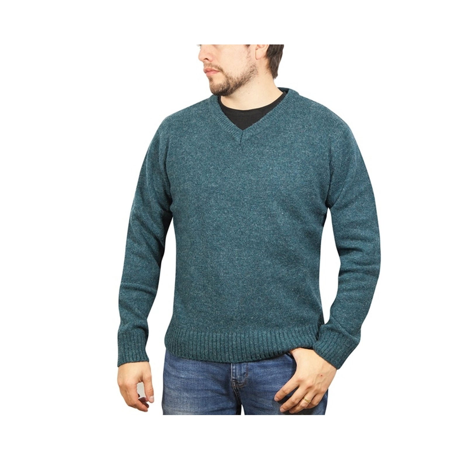 100% Shetland Ragg Wool V Neck Knit Jumper Pullover Mens Sweater Knitted - Sherwood-1