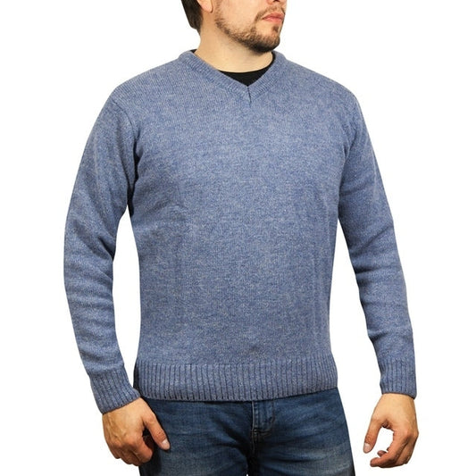100% Shetland Ragg Wool V Neck Knit Jumper Pullover Mens Sweater Knitted - Sky-0