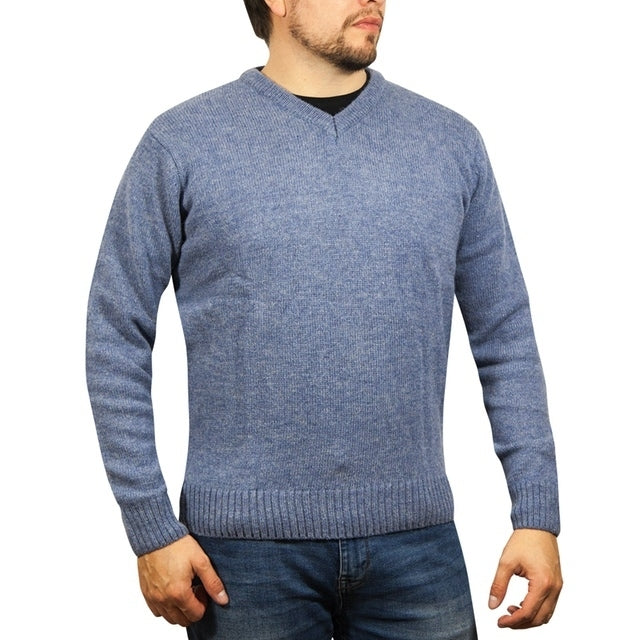 100% Shetland Ragg Wool V Neck Knit Jumper Pullover Mens Sweater Knitted - Sky-1