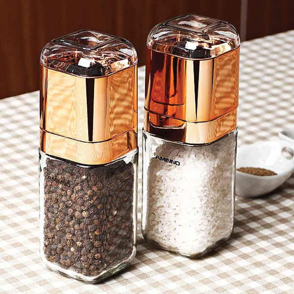 Salt and Pepper Grinder - 180ml Glass Design + Rose Gold Bottle Manual Hand Mill-1