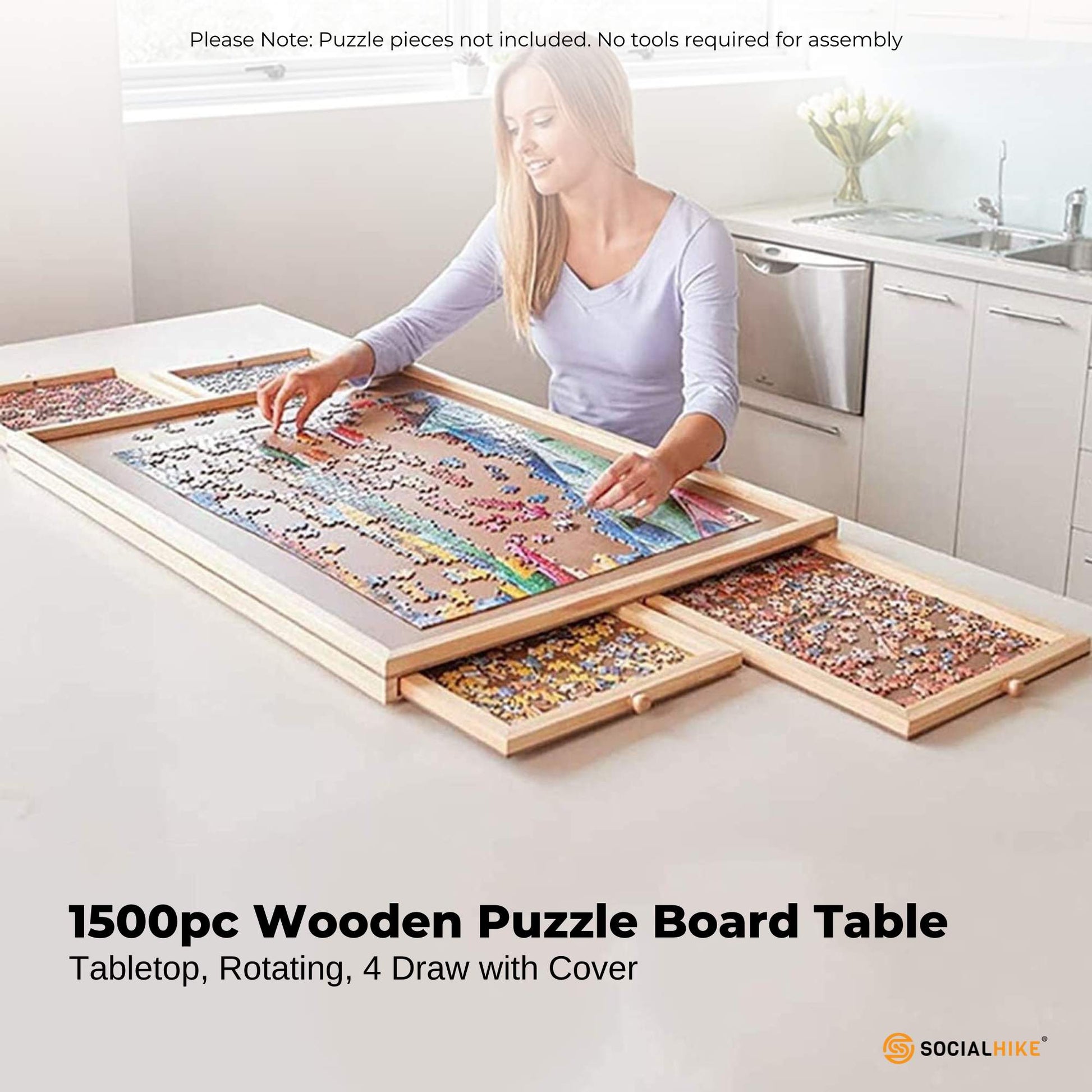 Social Hike 1500pcs Puzzle Board 4 Drawer with Cover - Wooden Rotating Tabletop-2