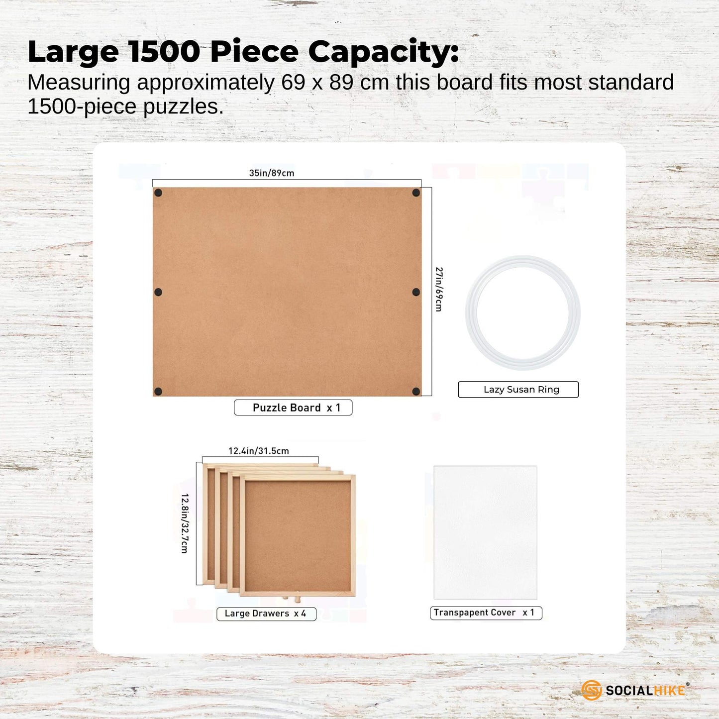 Social Hike 1500pcs Puzzle Board 4 Drawer with Cover - Wooden Rotating Tabletop-3