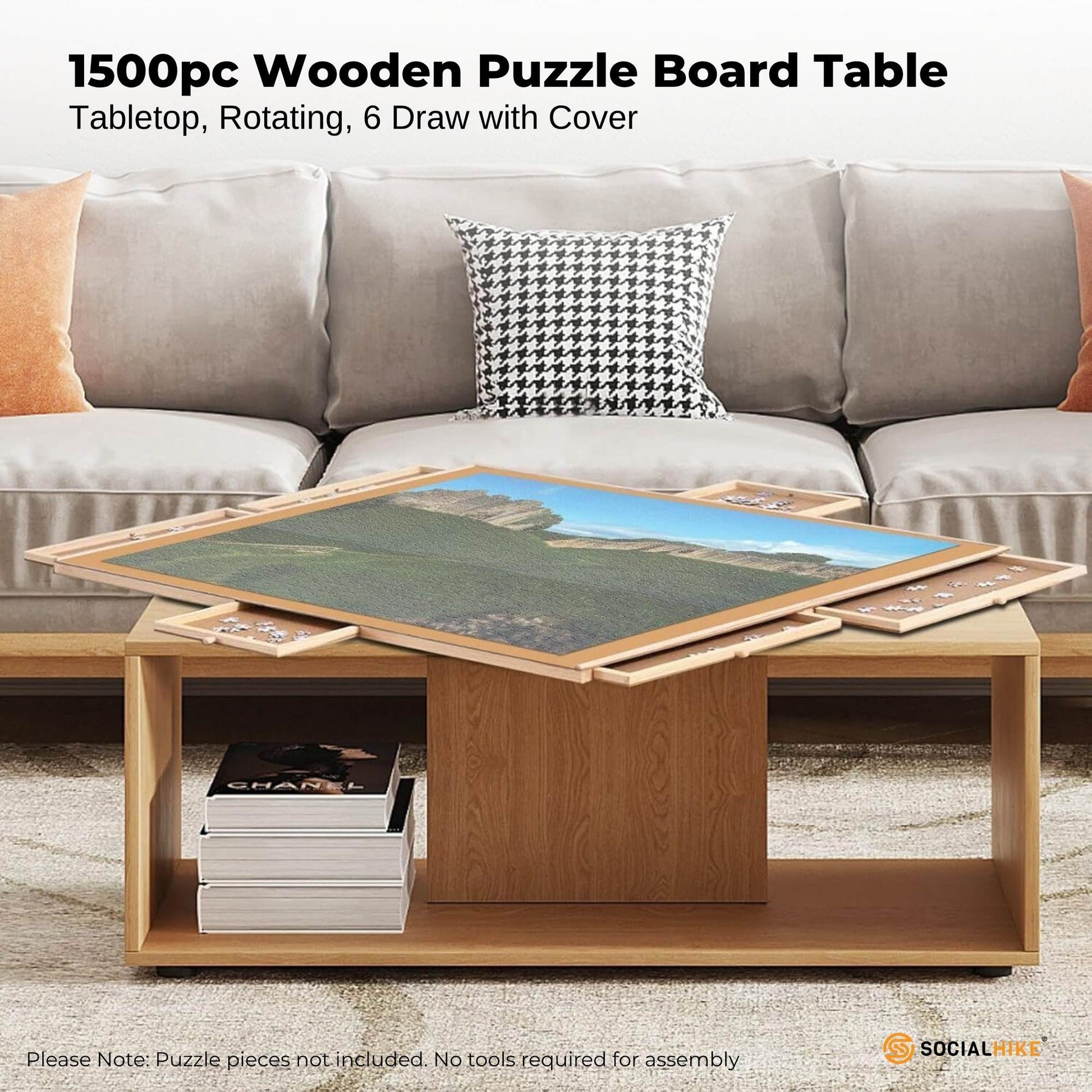 Social Hike 1500pcs Puzzle Board 6 Drawer with Cover - Wooden Rotating Tabletop-2