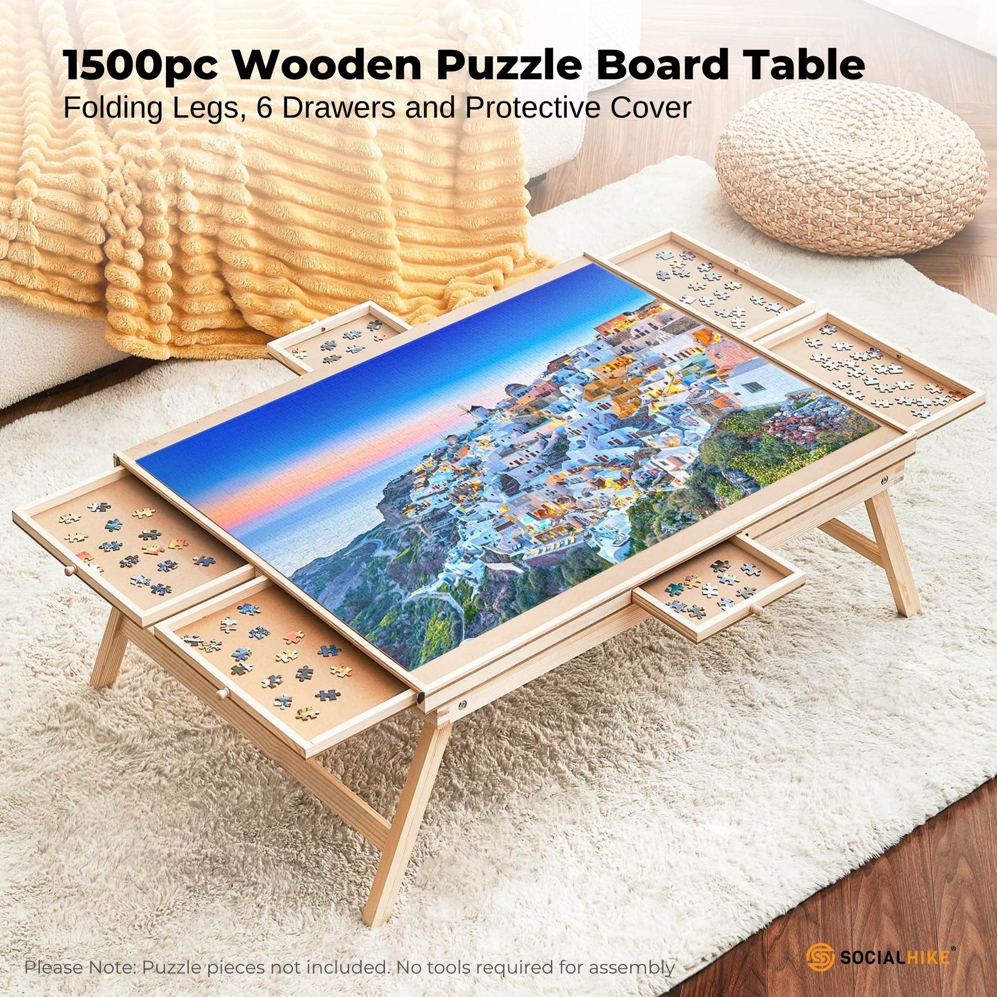 Social Hike 1500pcs Puzzle Board Table 6 Drawer with Cover - Wooden Folding Legs-2