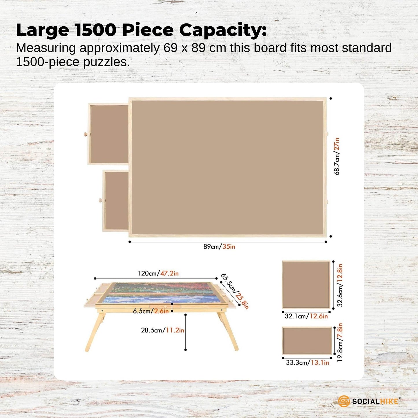 Social Hike 1500pcs Puzzle Board Table 6 Drawer with Cover - Wooden Folding Legs-3
