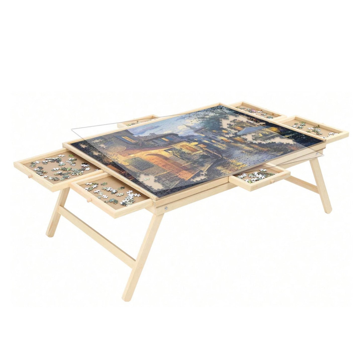 Social Hike 1500pcs Puzzle Board Table 6 Drawer with Cover - Wooden Folding Legs-0