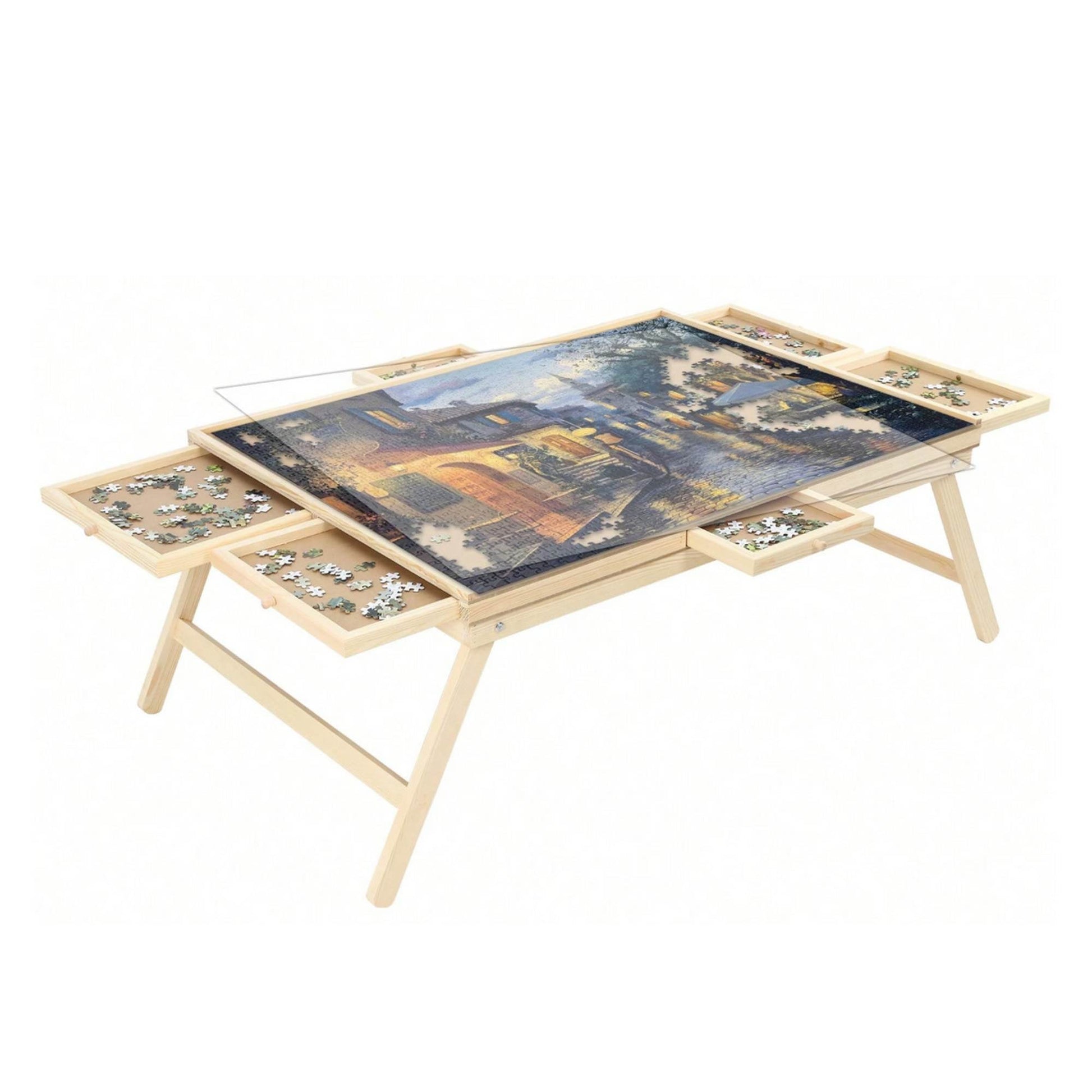 Social Hike 1500pcs Puzzle Board Table 6 Drawer with Cover - Wooden Folding Legs-0