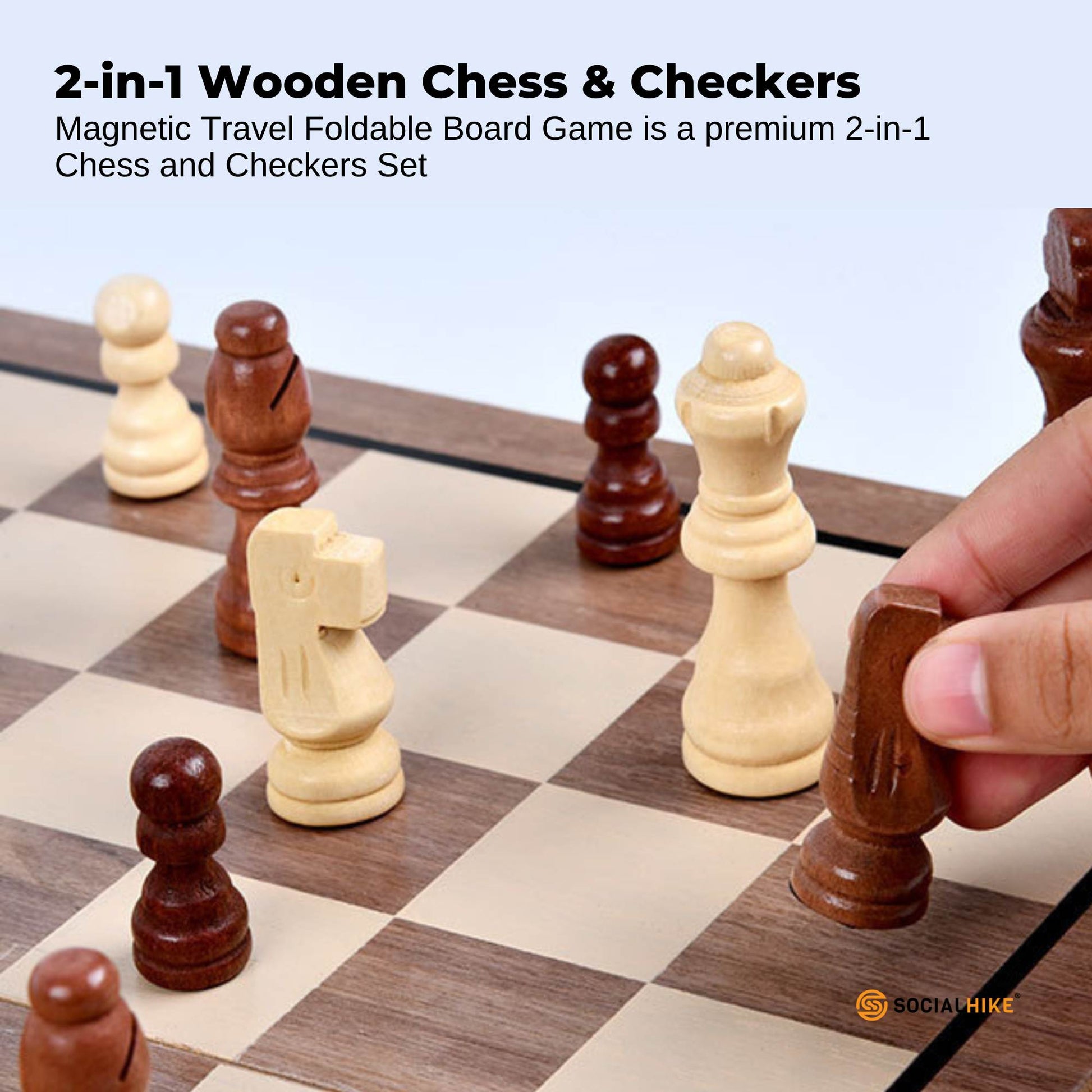 Social Hike 2 in 1 Magnetic Wooden Chess and Checkers Set - Portable Game Board-1