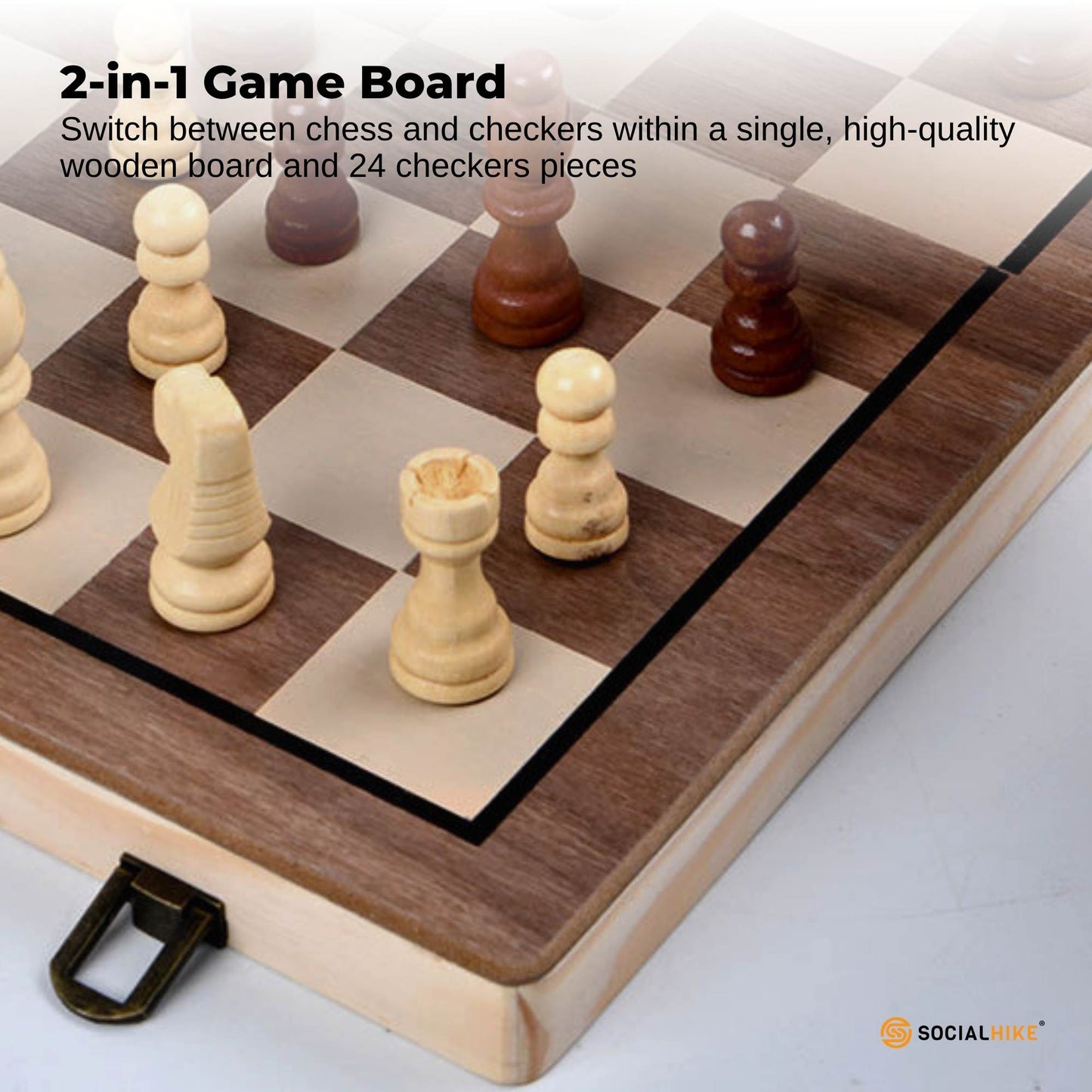 Social Hike 2 in 1 Magnetic Wooden Chess and Checkers Set - Portable Game Board-3