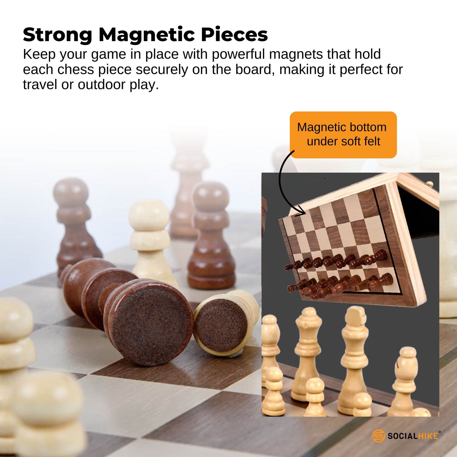 Social Hike 2 in 1 Magnetic Wooden Chess and Checkers Set - Portable Game Board-4