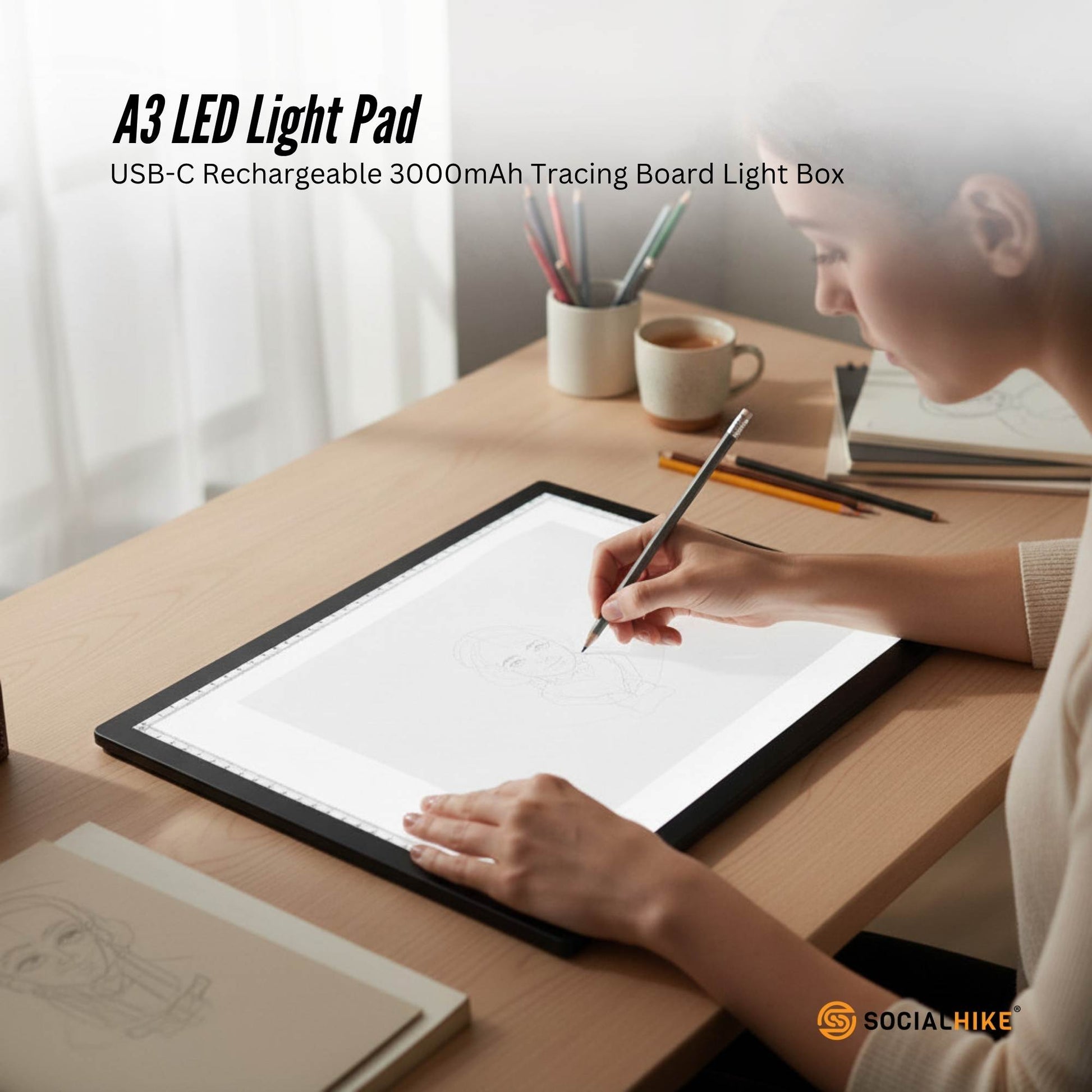 Social Hike A3 LED Light Pad Tracing Board Rechargeable USB-C 3000mAh Light Box-1