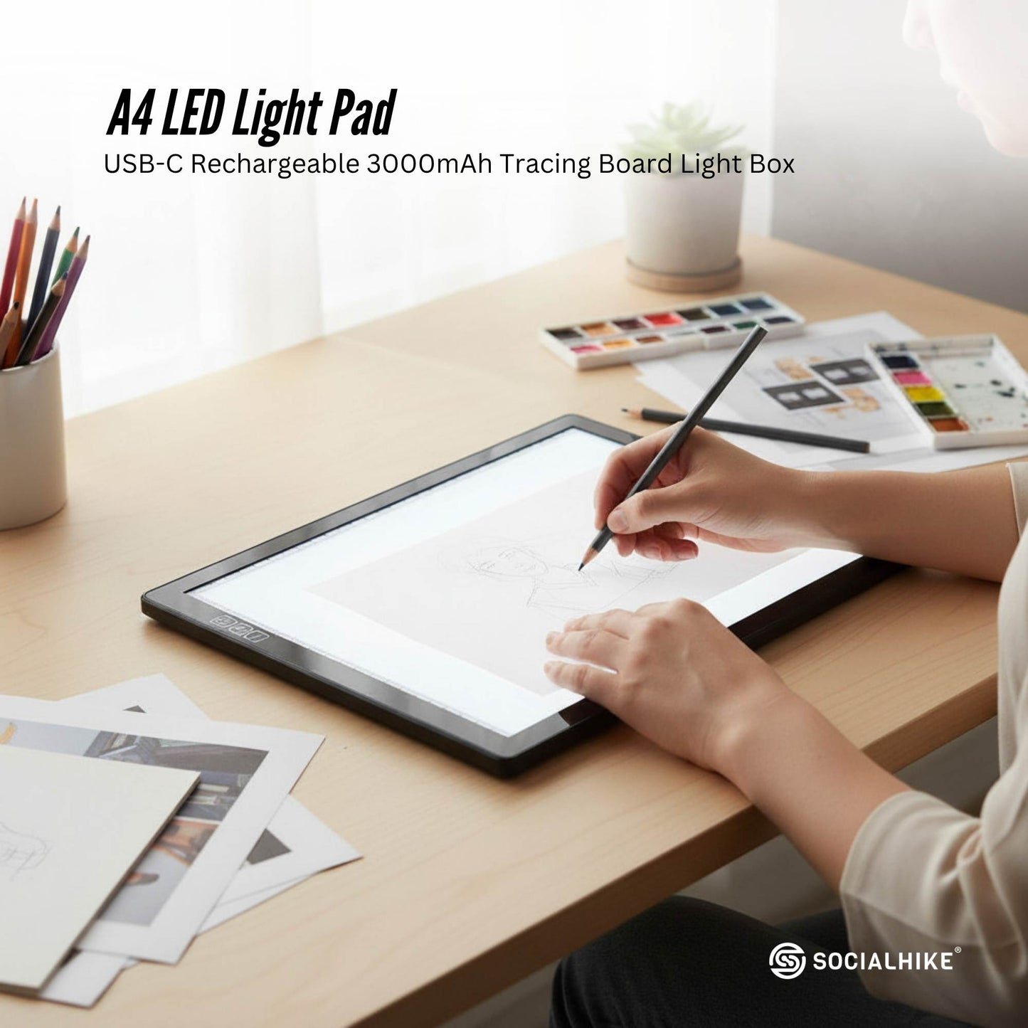 Social Hike A4 LED Light Pad Tracing Board Rechargeable USB-C 3000mAh Light Box-1