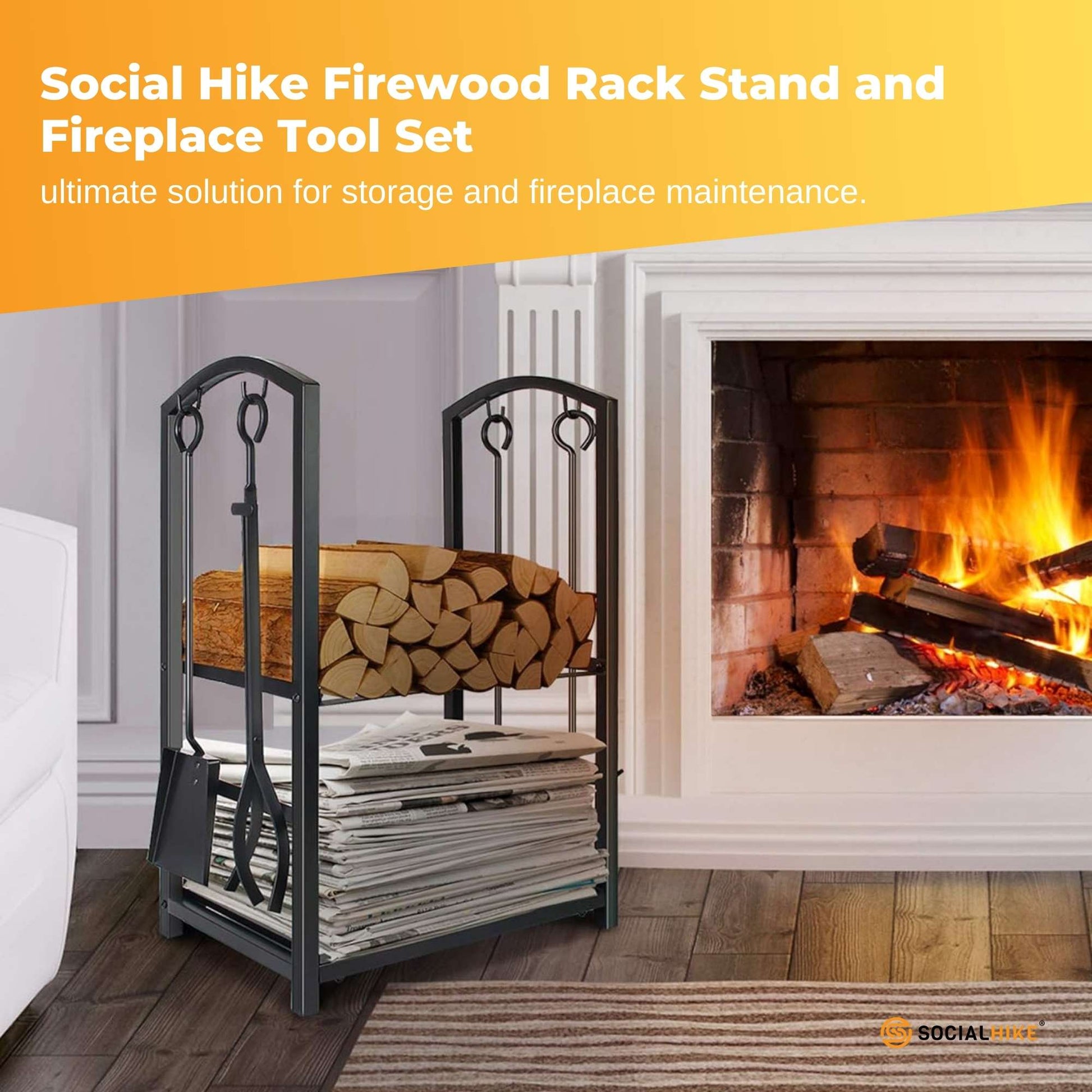 Social Hike Firewood Rack Stand and Fireplace Tool Set for Log Holder Storage-1